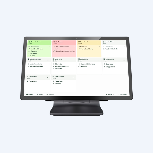 Kitchen Display System on Elo stand showing kitchen order tickets